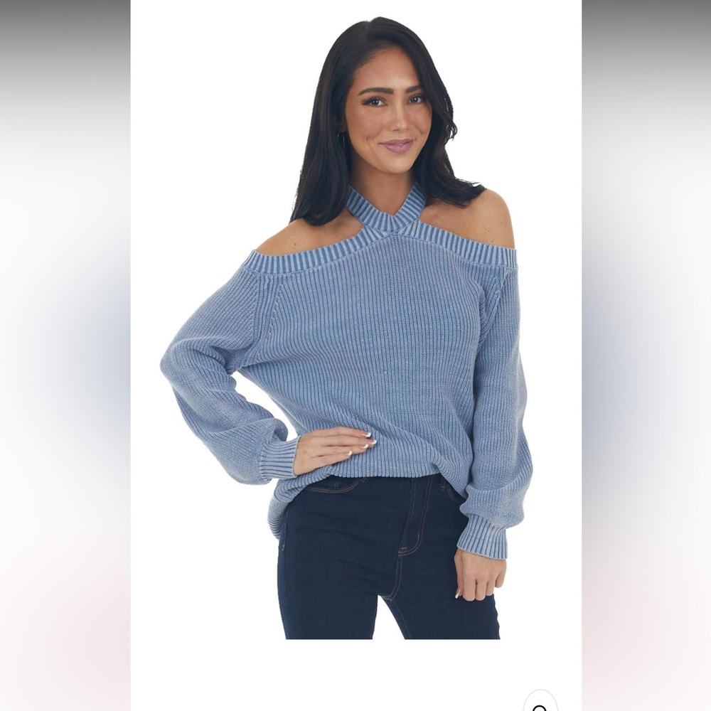 Hazy Blue Mineral Washed Cold Shoulder Sweater